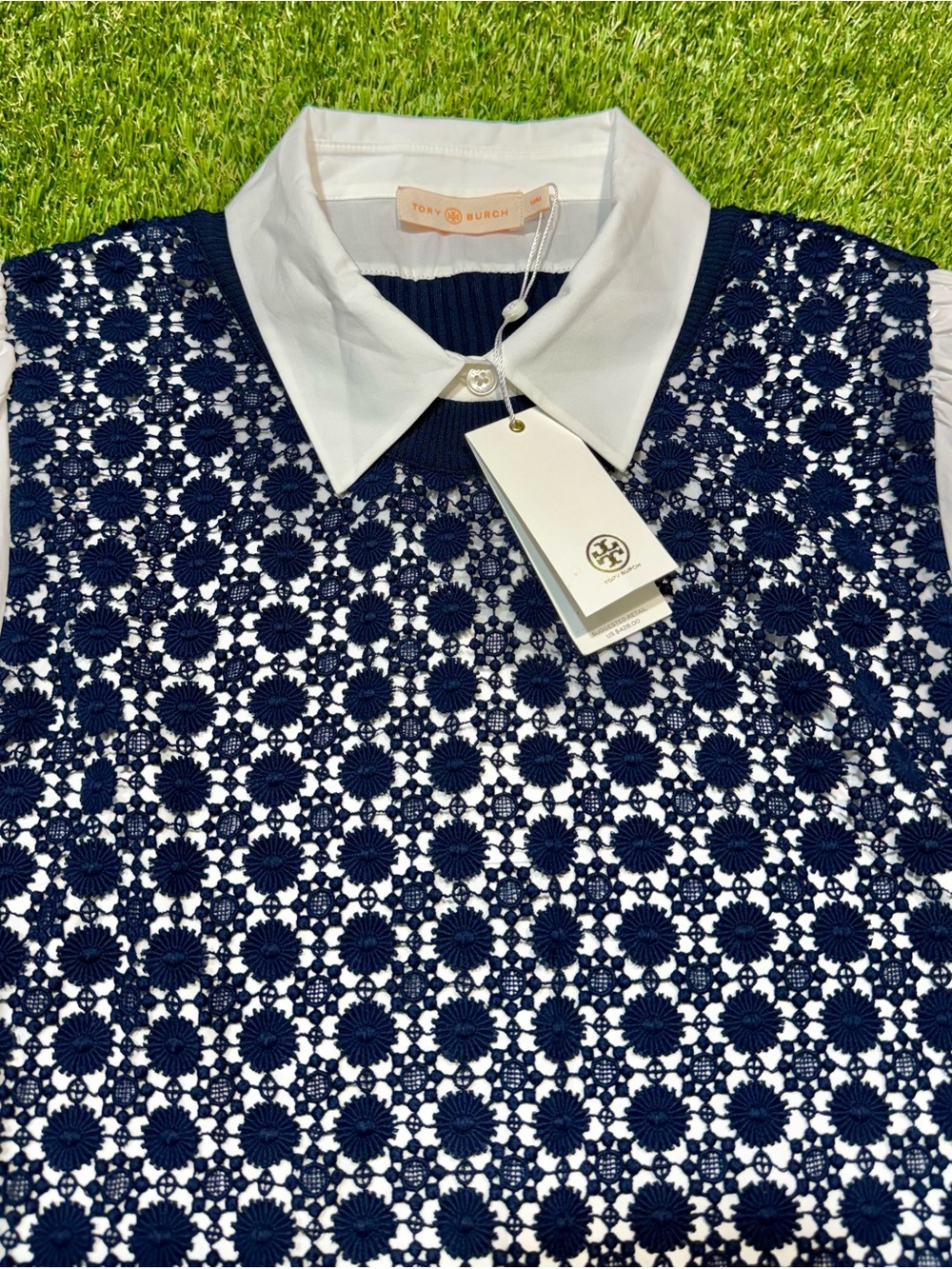 NWT Tory Burch Poplin Sleeve Pullover Shirt Women’s Size Medium Navy Blue White - Picture 4 of 15